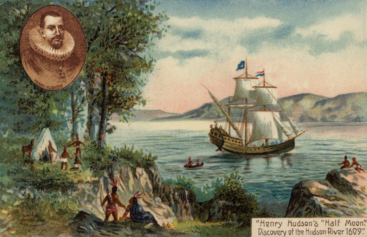 O navio Half Moon de Henry Hudson à descoberta do rio Hudson, América do Norte de English School