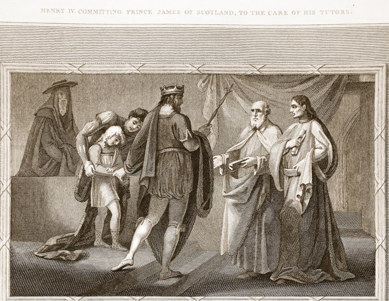 Henrique IV cometeu o príncipe James da Escócia, aos cuidados de seus tutores, ilustração de David Humes A História da Inglaterra, pub. por R. Bowyer, Londres, 1812 de English School