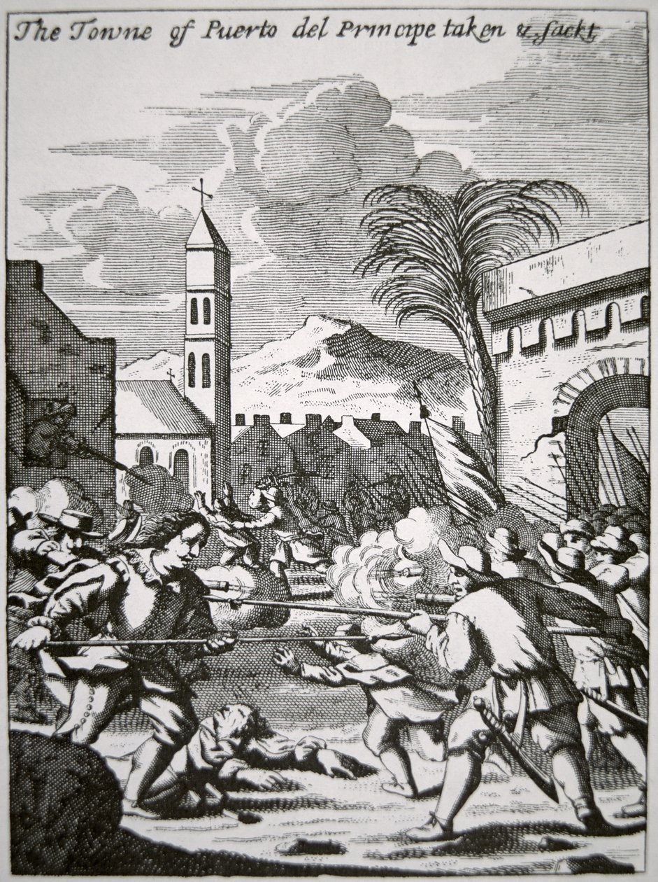 Henry Morgan captura e saca a cidade de Puerto de Principe, Cuba, em 1668, ilustração de 