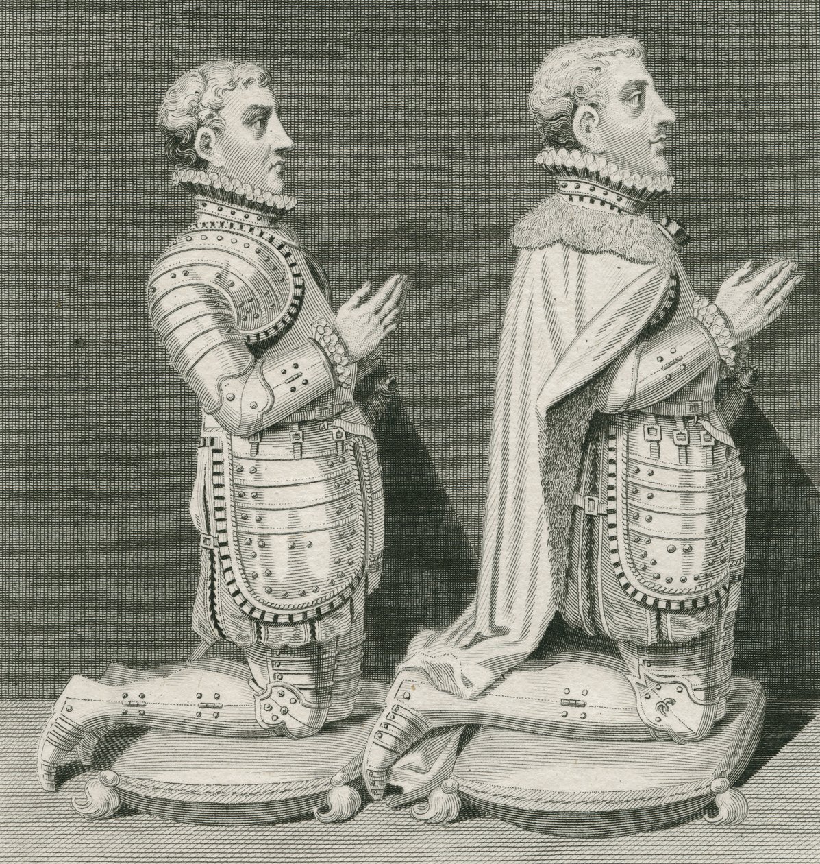 Henry Stuart, Lorde Darnley e seu irmão Charles Stuart, conde de Lennox, ajoelhando-se diante do túmulo de sua mãe na Abadia de Westminster, gravados por Andrew Birrell, 1796 de English School