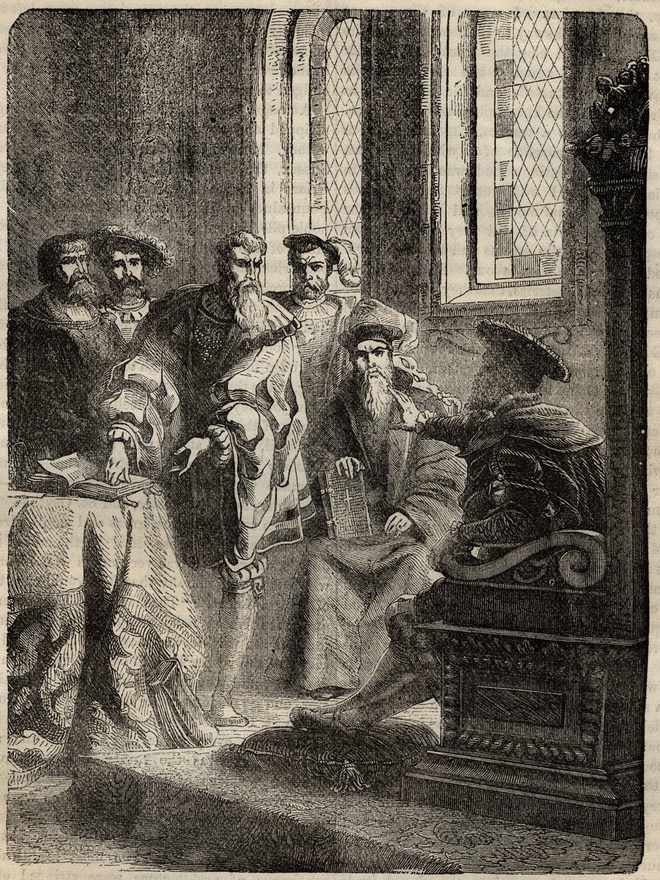 Henrique VIII. e seu Conselho ordenando a tradução da Bíblia para o inglês - 1538 - gravura de "History of England" de Cassell Petter & Galpin de English School