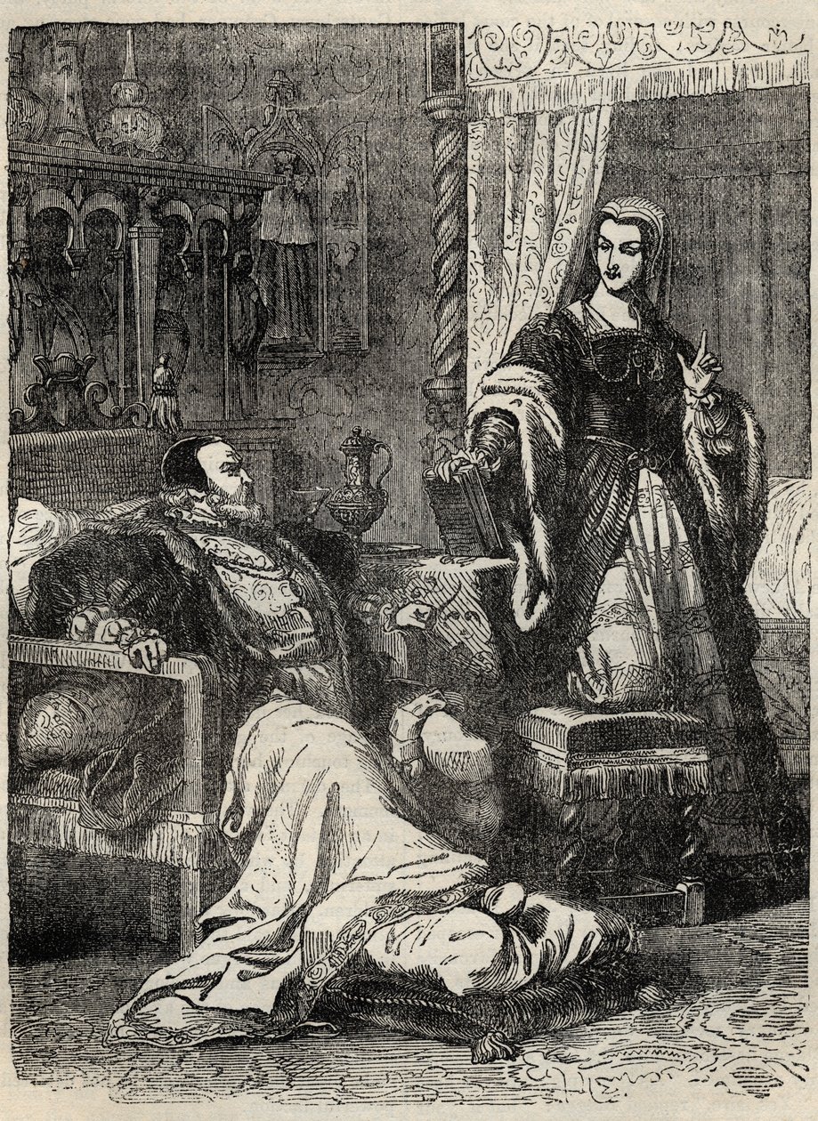 Henrique VIII e a Rainha Catarina Parr (1512-1548) - gravura de "History of England" de Cassell Petter & Galpin de English School