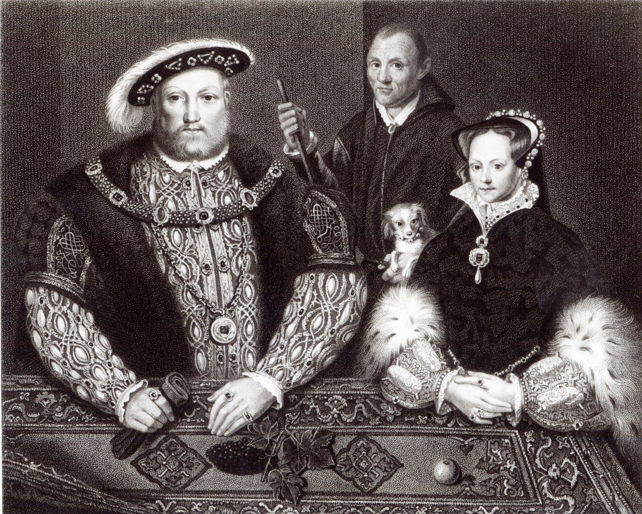 Henrique VIII, sua filha Queen Mary e Will Somers, depois de uma pintura a óleo do século XVI, pintada postumamente, em 1821 de English School