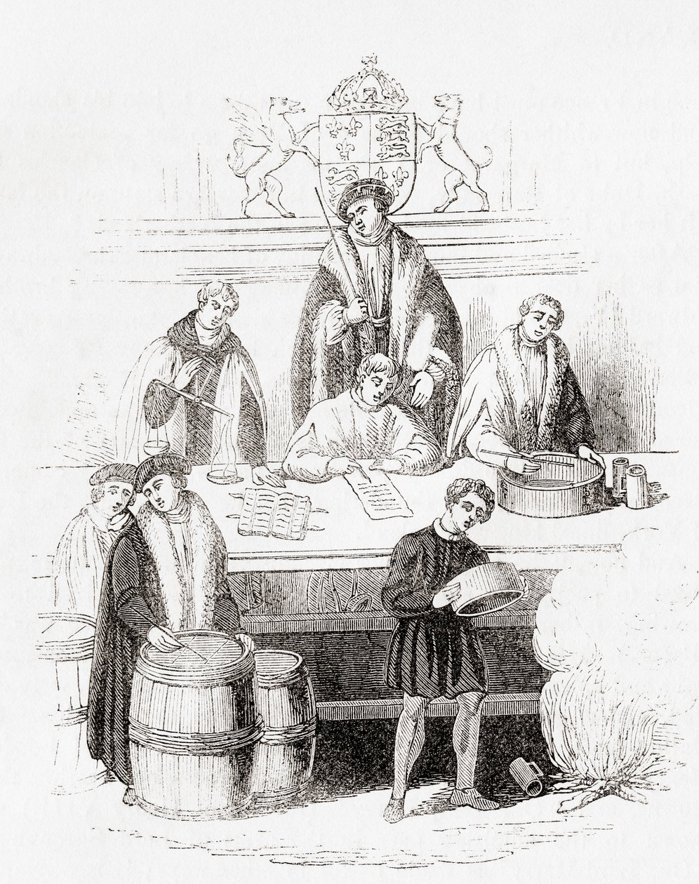 O julgamento de pesos e medidas de Henrique VII no erário público em 1497, da Velha Inglaterra: Um Museu Pictórico, pub. 1847 de English School