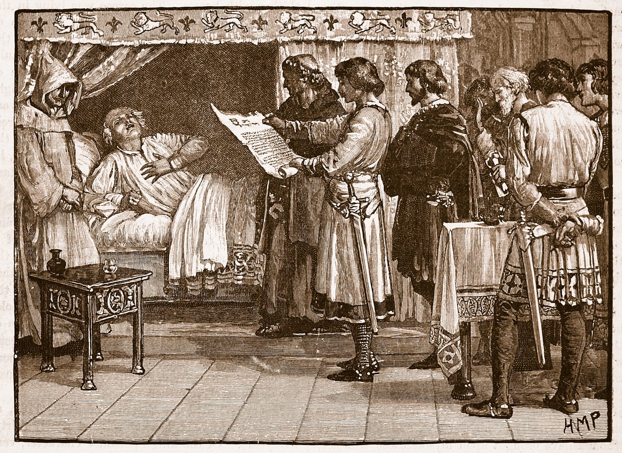 Henry recebendo a notícia da traição de John, ilustração de Cassells Illustrated History of England (foto em sépia) de English School