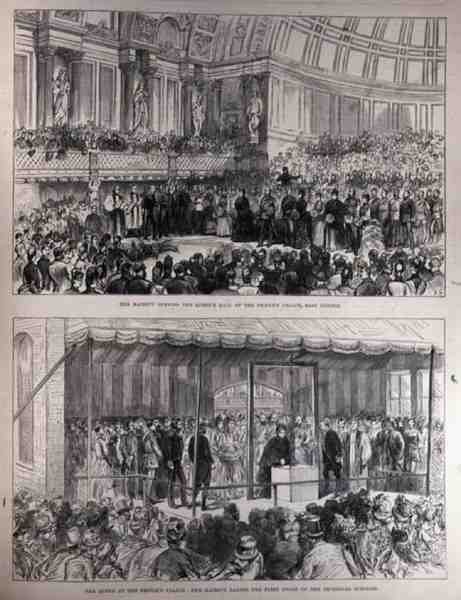 Sua Majestade Abrindo o Palácio das Rainhas do Palácio dos Povos e Colocando a Primeira Pedra das Escolas Técnicas, em The Illustrated London News, 21 de maio de 1887 de English School