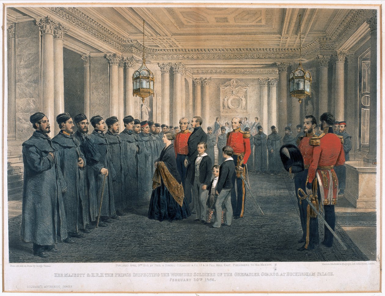 Sua Majestade a Rainha Vitória (1819-1901) e o Príncipe Albert (1819-61), inspecionando os soldados feridos dos Guardas Granadeiros no Palácio de Buckingham, 1855 de English School