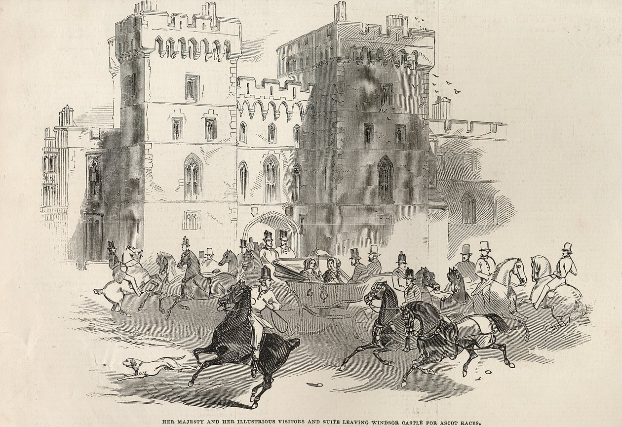 Sua Majestade e seus Ilustres Visitantes e Suítes saindo do Castelo de Windsor para as Corridas de Ascot, de &39;The Illustrated London News&39;, 14 de junho de 1845 de English School