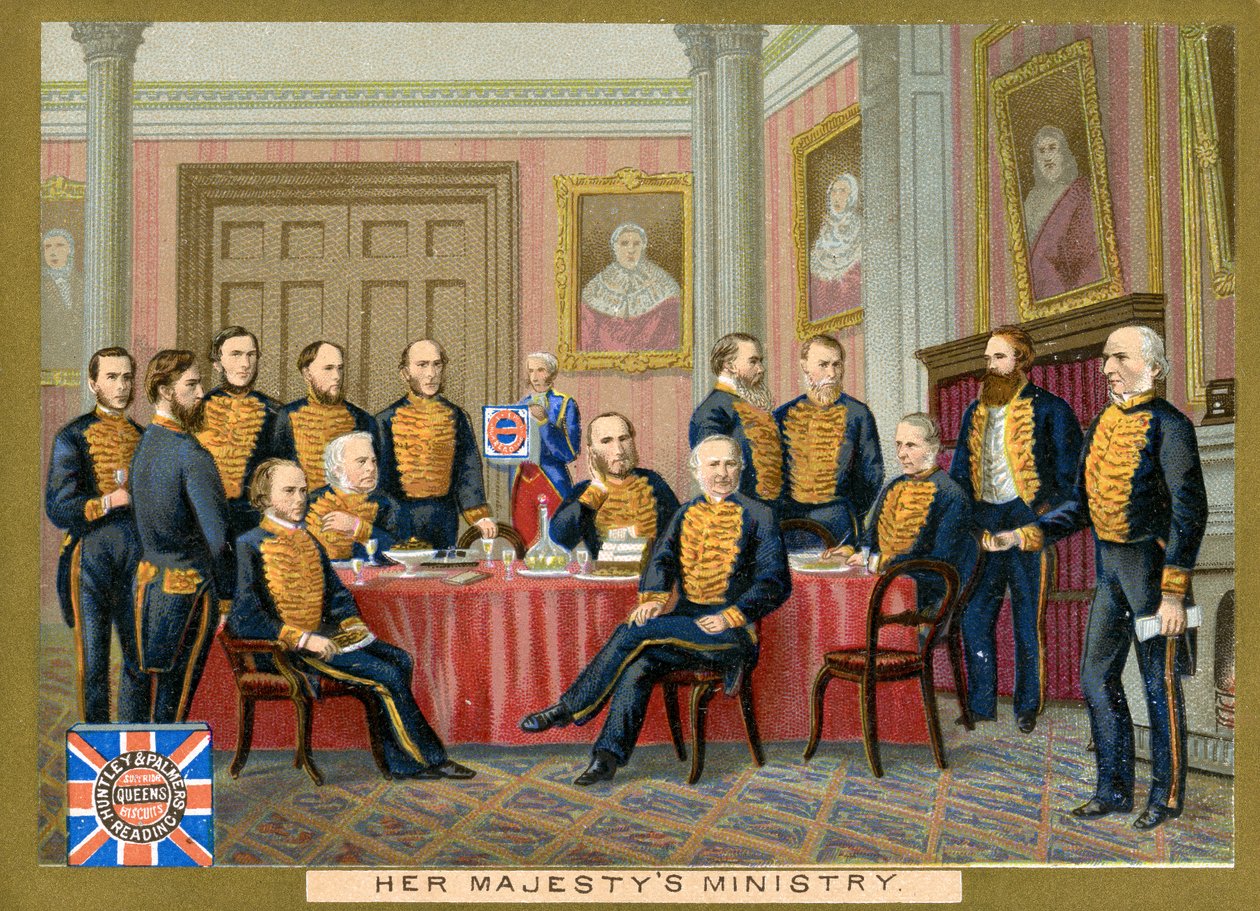 Her Majestys Ministry, um cartão promocional para Huntley & Palmers Biscuits, c.1890 de English School