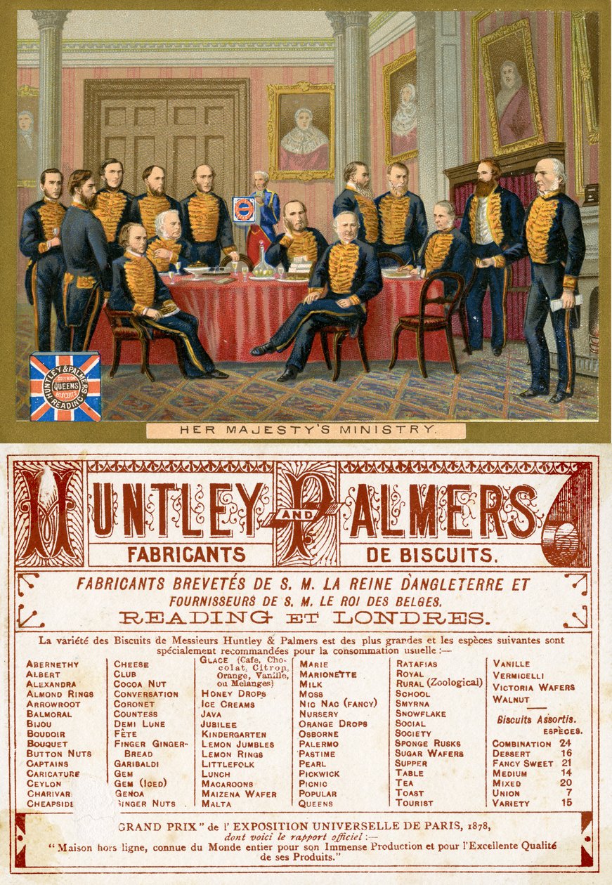 Seu Ministério da Majestade, frente e verso de um cartão promocional da Huntley & Palmers Biscuits, produzido para o mercado francês c.1890 de English School