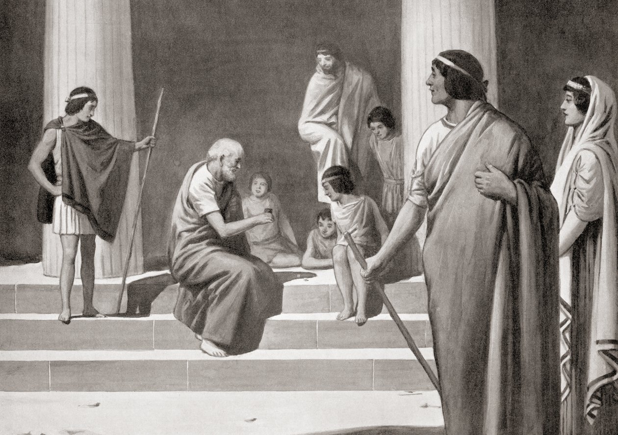 Heraclitus jogando dados com rapazes para mostrar seu desprezo pelas ocupações habituais dos homens, da História das Nações de Hutchinson, pub.1915 de English School