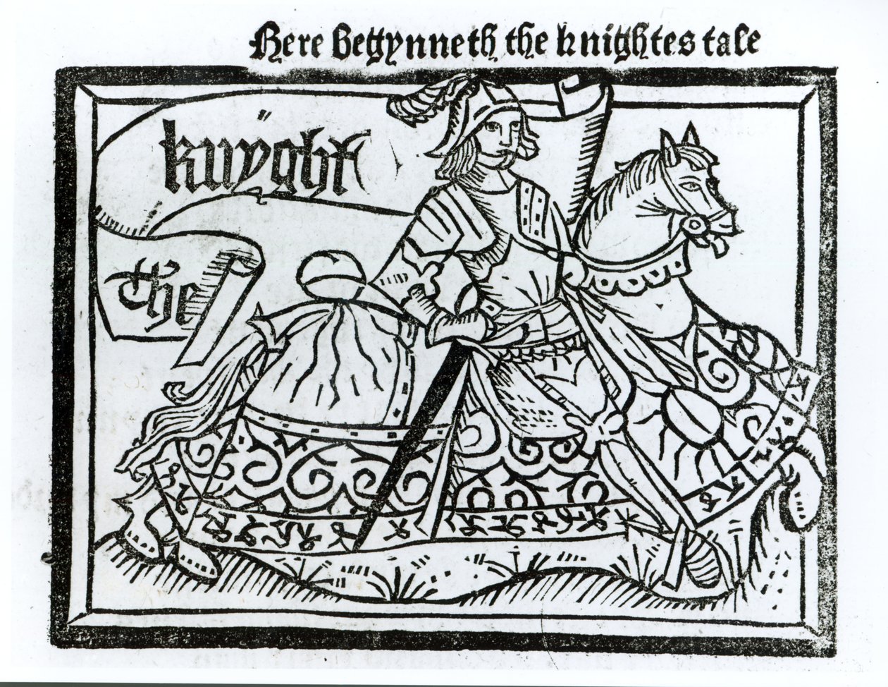 Aqui Begynneth the Knightes Tale, ilustração de The Canterbury Tales por Geoffrey Chaucer (c.1345-1400) impresso por William Caxton (c.1422-91) 1434 de English School