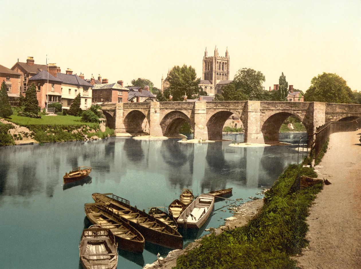 Catedral de Hereford e Wyl Bridge (foto colorida à mão) de English School
