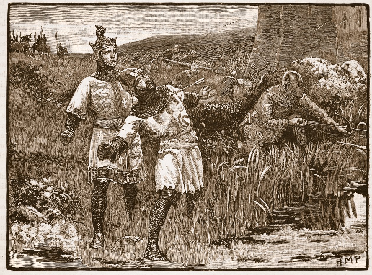 Heroísmo de St. Clair no Cerco do Castelo de Bridgnorth, ilustração da História Ilustrada de Cassells da Inglaterra (foto sépia) de English School