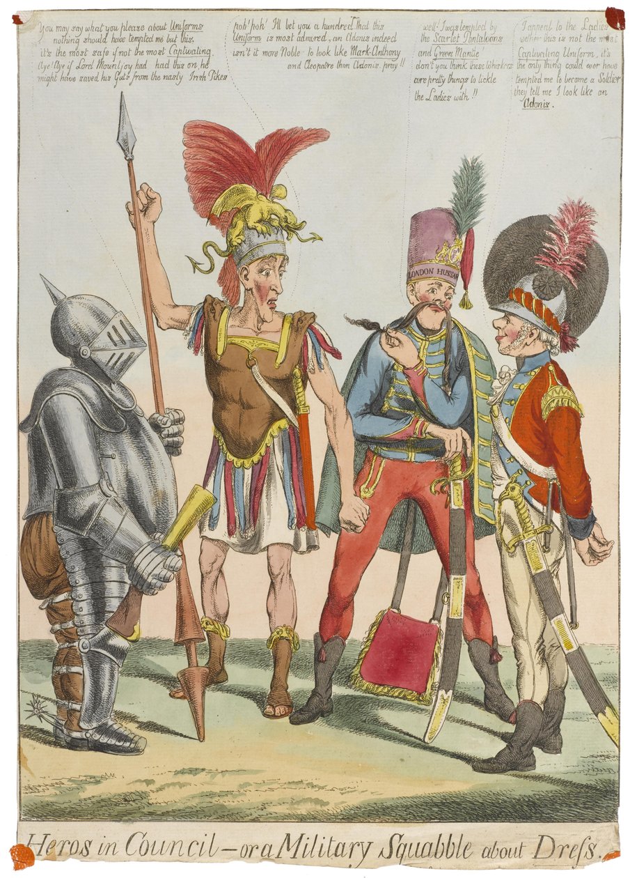 "Heros in Council - or a Military Squabble about Dress", c.1820 (gravura colorida) de English School