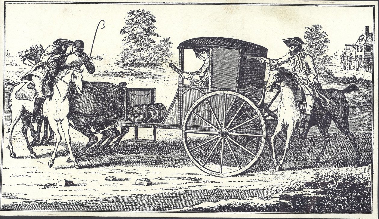 O Highwaymen James MacLaine e William Plunkett roubam o Conde de Eglinton em Hounslow Heath, 26 de Junho de 1750 (gravura) de English School