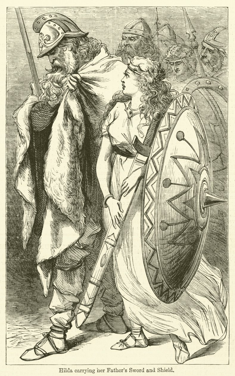 Hilda com a espada e o escudo do seu pai (gravura) de English School