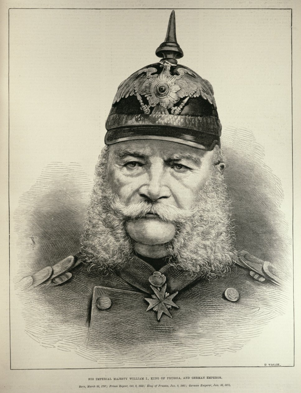 Sua Majestade Imperial William I (1797-1888), Rei da Prússia e Imperador Alemão, de "The Illustrated London News", gravada por R. Taylor, 19 de março de 1887 de English School