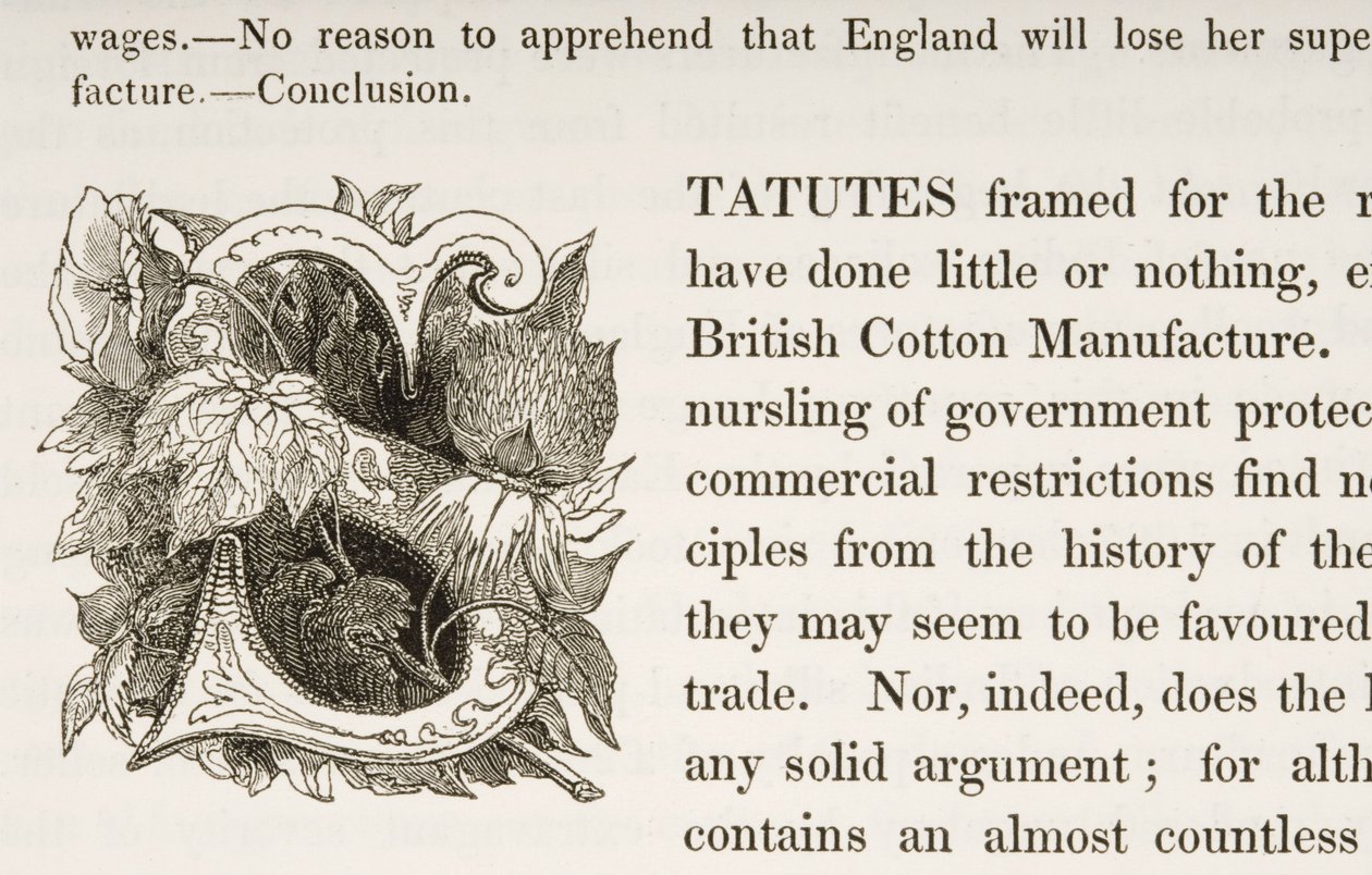 Historiated Initial S, de um livro sobre a British Cotton Manufacturing de English School