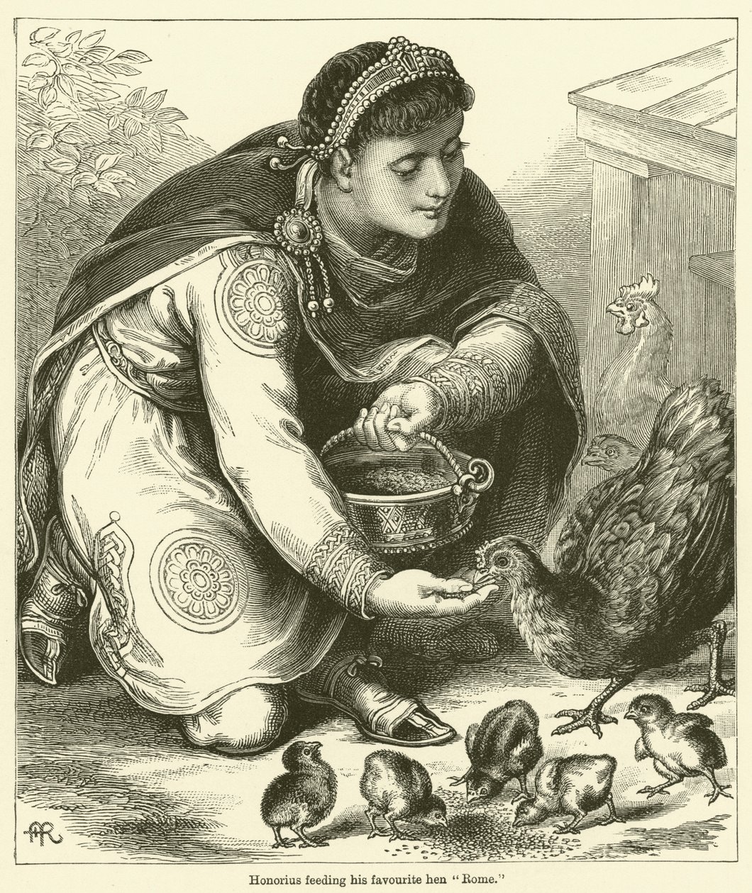 Honório alimentando a sua galinha preferida "Roma" (gravura) de English School