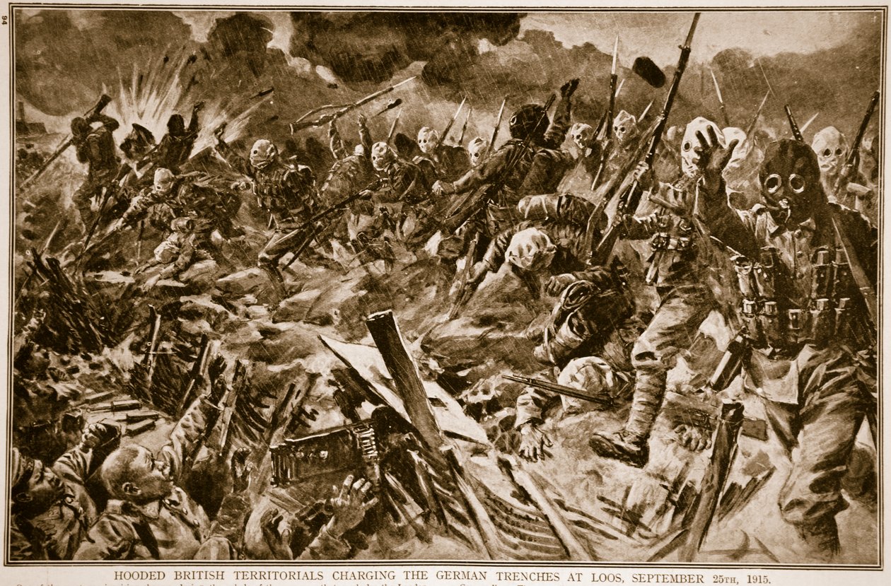 Territórios britânicos encapuzados carregando as trincheiras alemãs em Loos, 25 de setembro de 1915, 1914-19 de English School