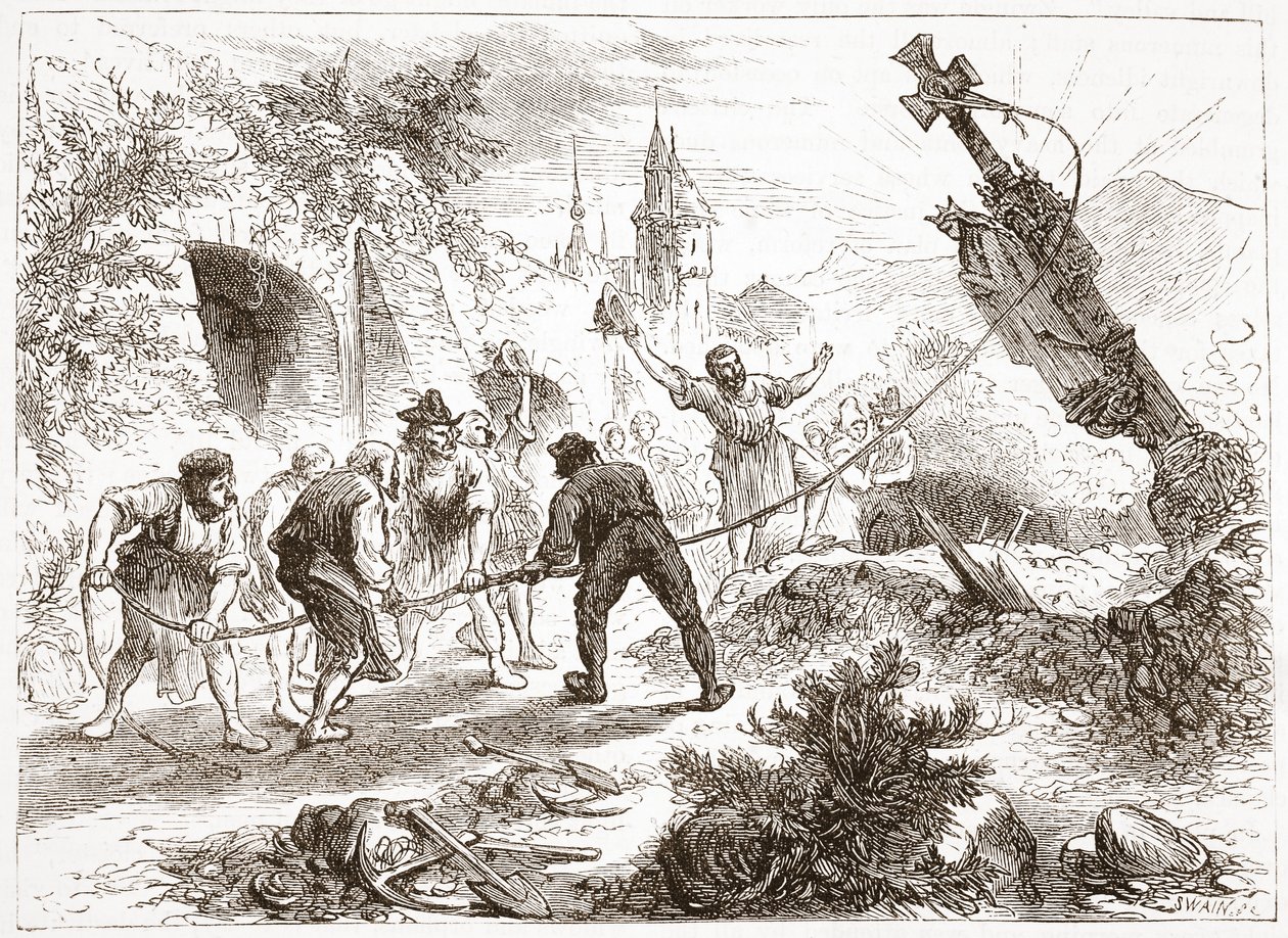 Hottinger que destrói a imagem, ilustração da história do protestantismo por James Aitken Wylie (1808-1890), bar. 1878 de English School