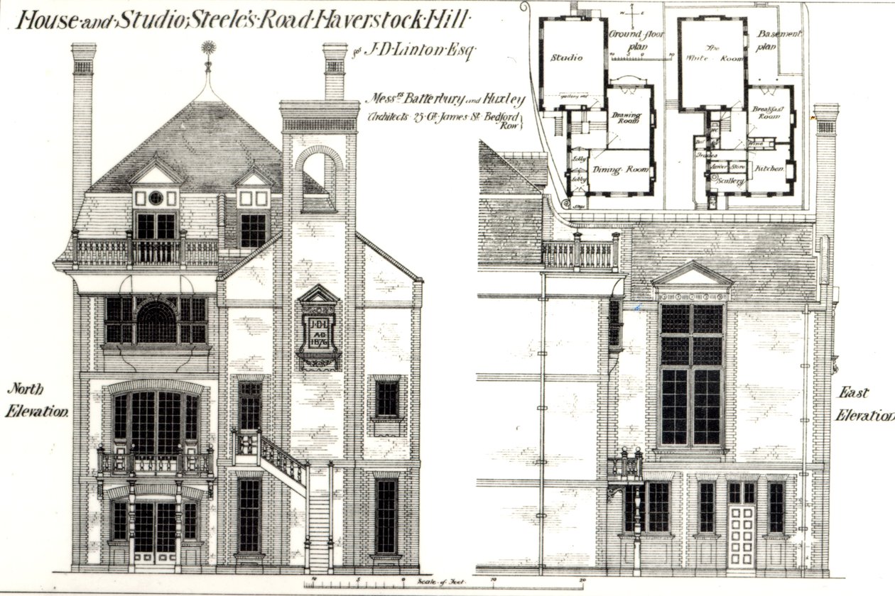 Casa e estúdio, Steeles Road, Haverstock Hill, de The Building News, 9 de fevereiro de 1877 de English School