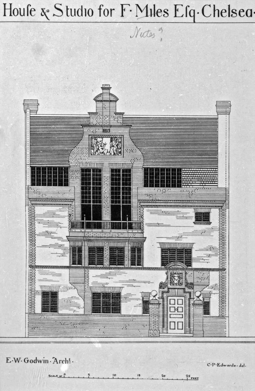 House und Studio para F. Miles Esq., Chelsea, ilustração de "The British Architect e Northern Engineer", publicada em 6 de dezembro de 1878 de English School