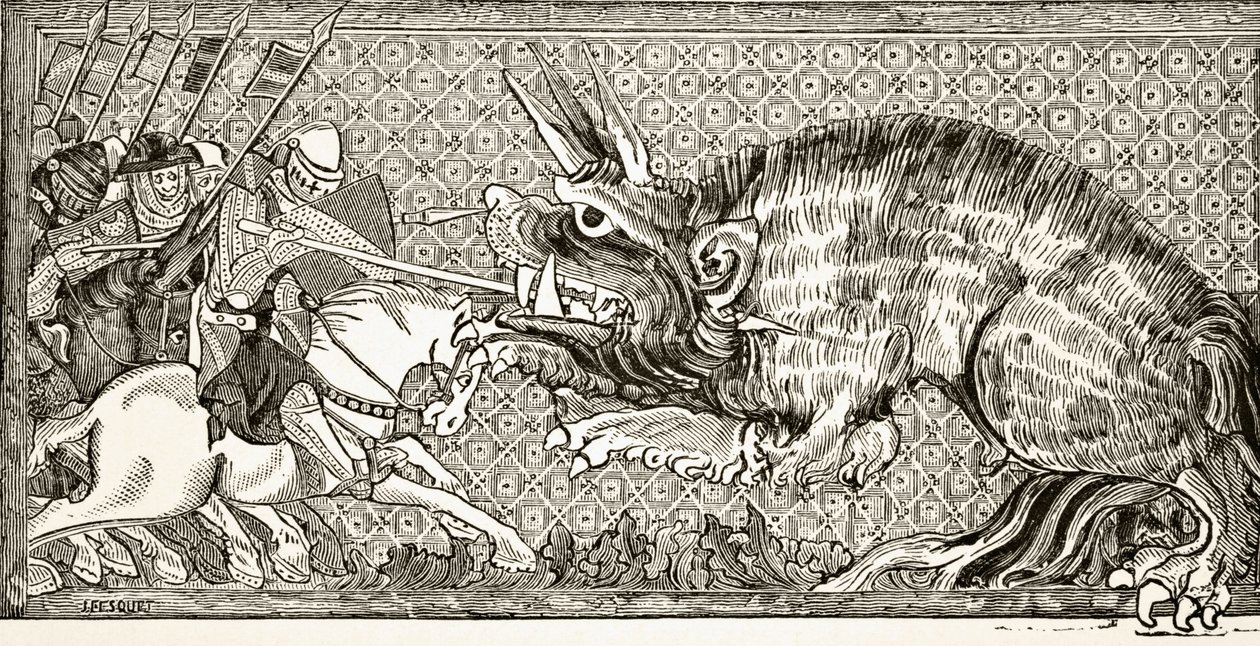 Como Alexandre lutou com a besta, depois de uma miniatura em um manuscrito do século 13, de "Ciência e Literatura na Idade Média", de Paul Lacroix, 1878 de English School
