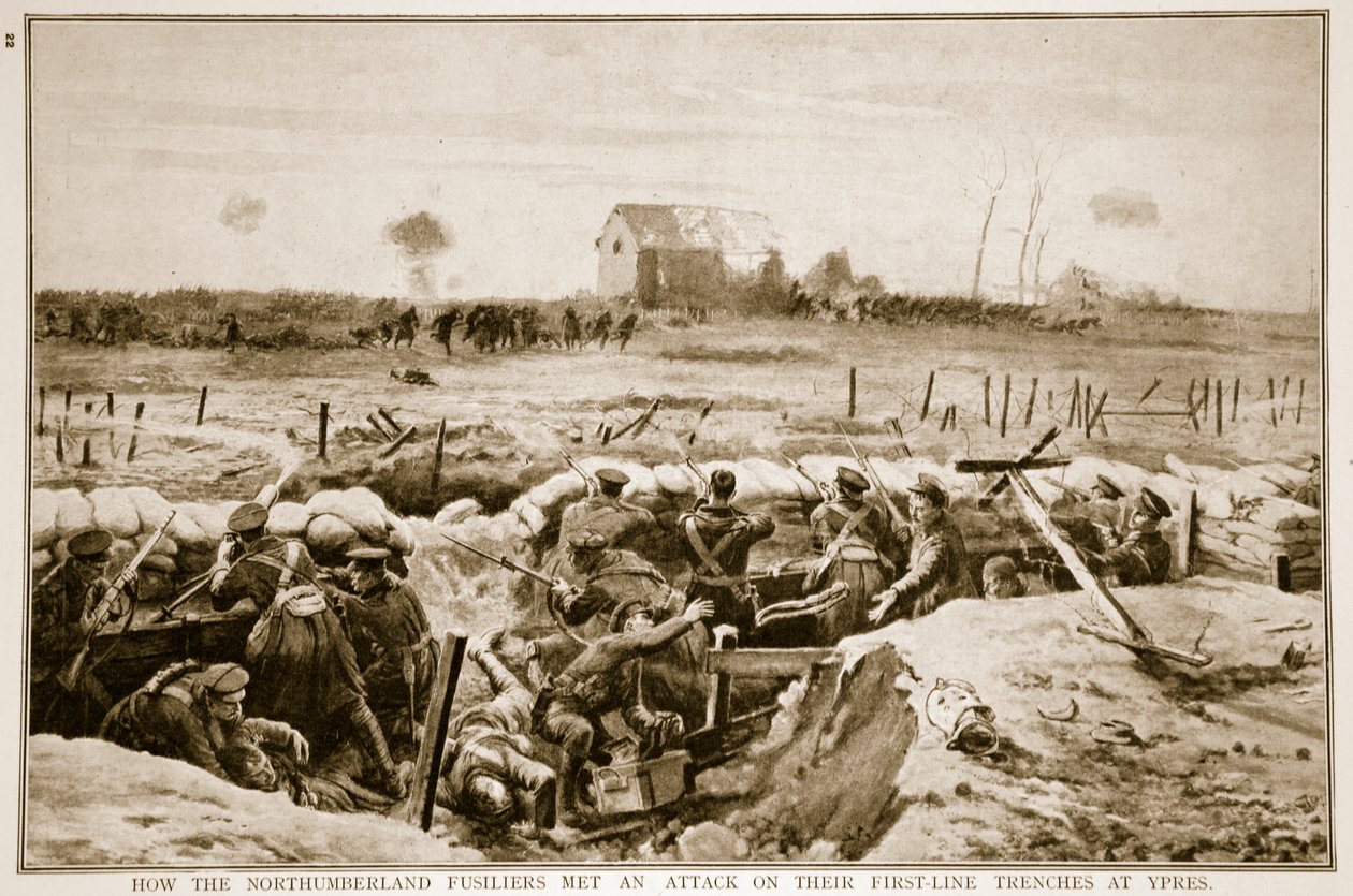 Como os Fuzileiros de Northumberland encontraram um ataque em suas trincheiras de primeira linha em Ypres, 1914-19 de English School