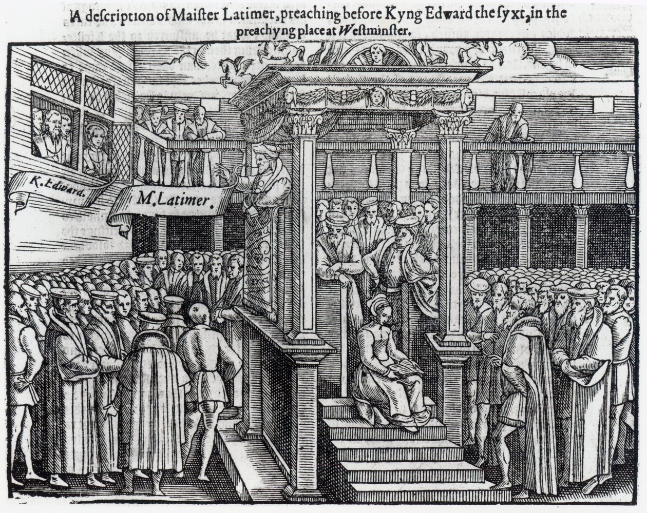 Hugh Latimer (c.1485-1555) Pregação diante do rei Eduardo VI (1537-1553) em Westminster em 1547, de &39;Atos e Monumentos&39; de John Foxe (1516-87) 1563 de English School