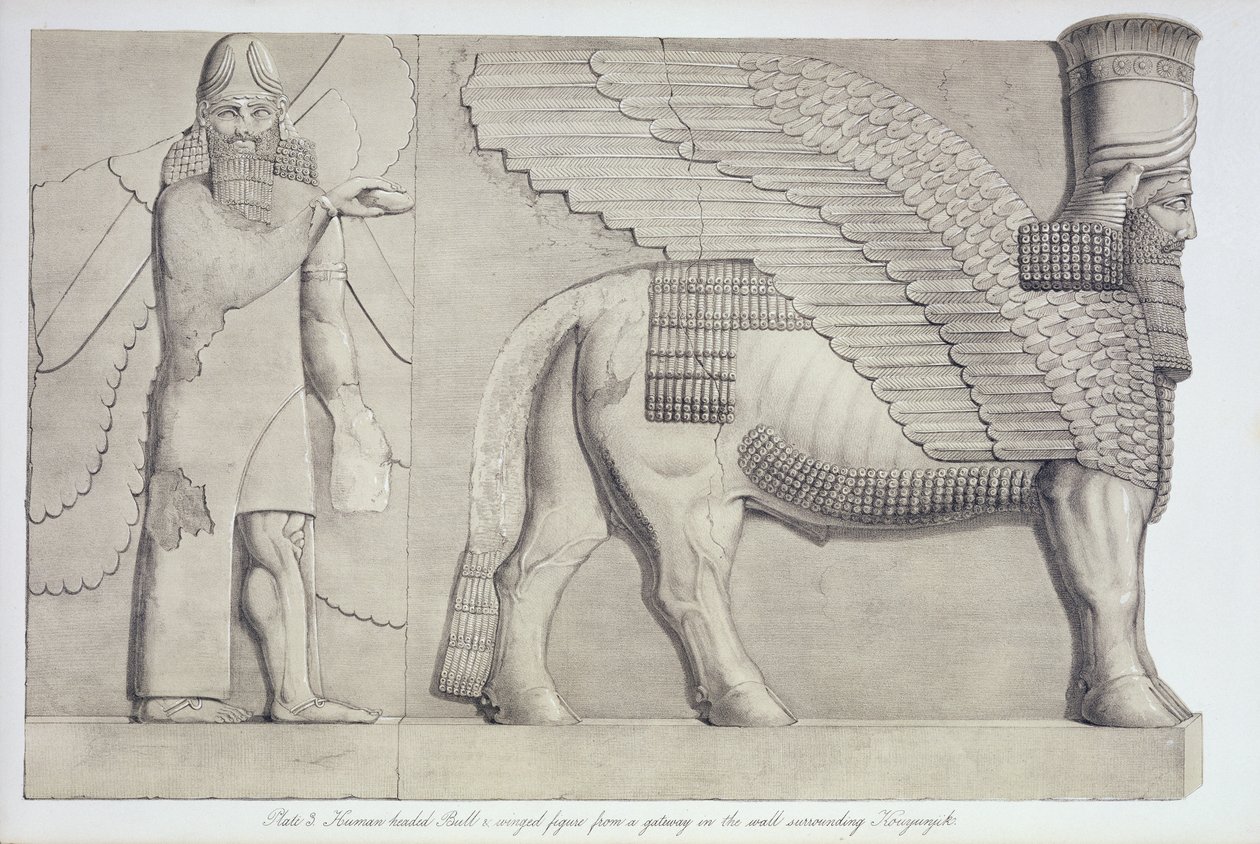 Touro de cabeça humana e figura alada de um portal na parede ao redor de Koujunjik, placa 3 de Nínive e seus restos mortais por Austen Henry Layard (1817-1894) publicado em 1849 de English School