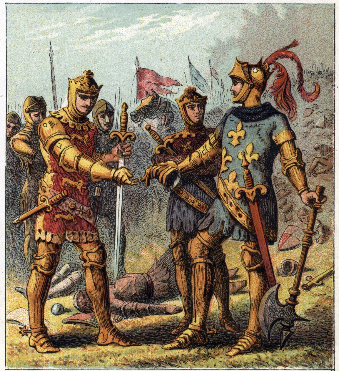 Guerra dos Cem Anos: Batalha de Poitiers (1356). O Rei da França João II o Bom (1319-1364) reconheceu a sua derrota e foi para Edward Plantagenet da Inglaterra (Edward of Woodstock Brackembury de English School
