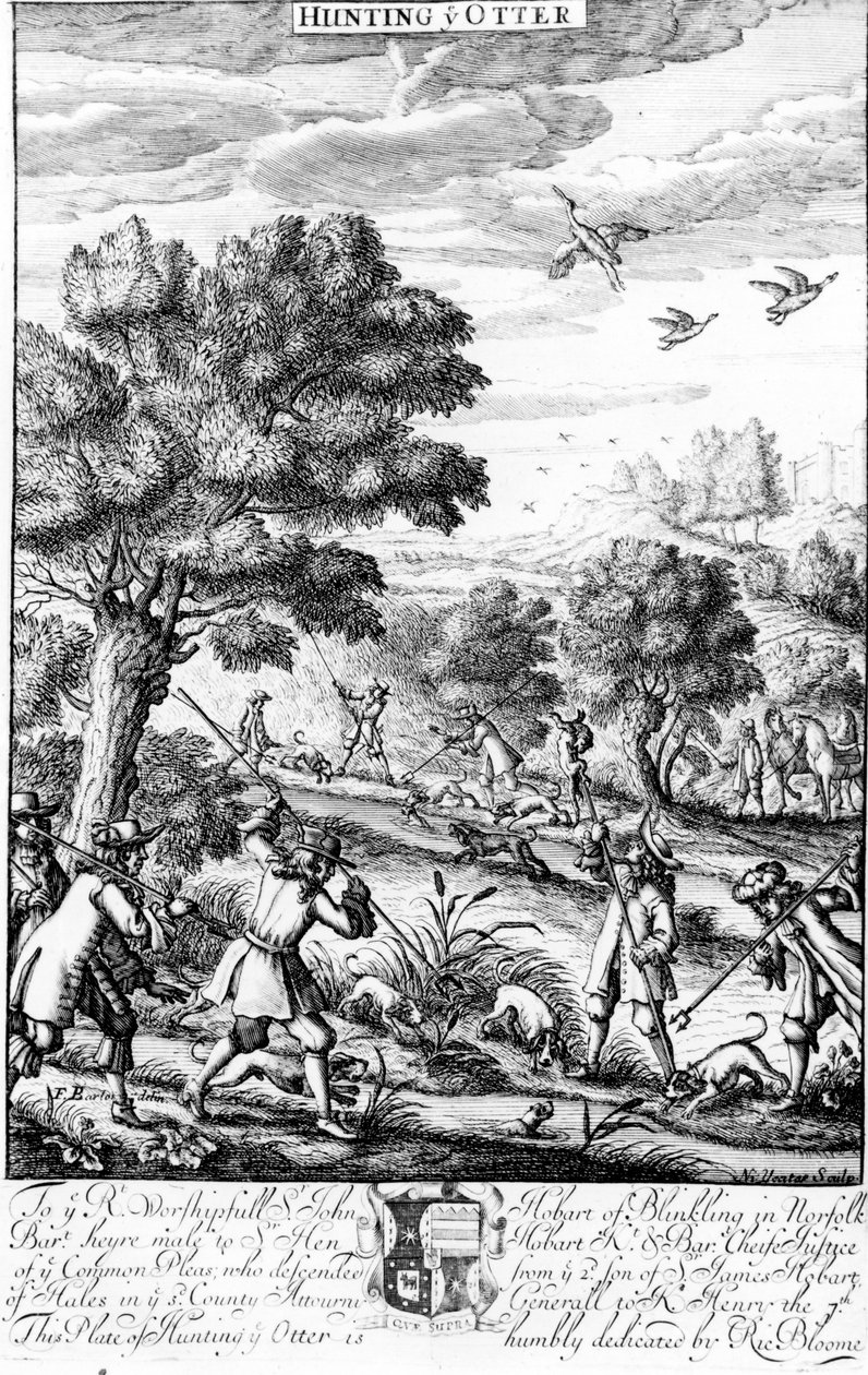 Caçando a lontra, de "recreação do cavalheiro" publicada por Richard Blome, 1686 de English School