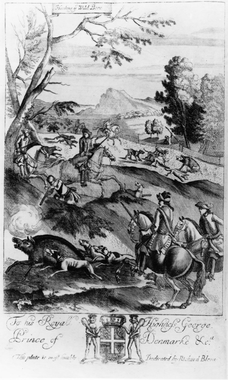 Caçando o Javali, de "Recreação do Cavalheiro", publicado por Richard Blome, 1686 de English School