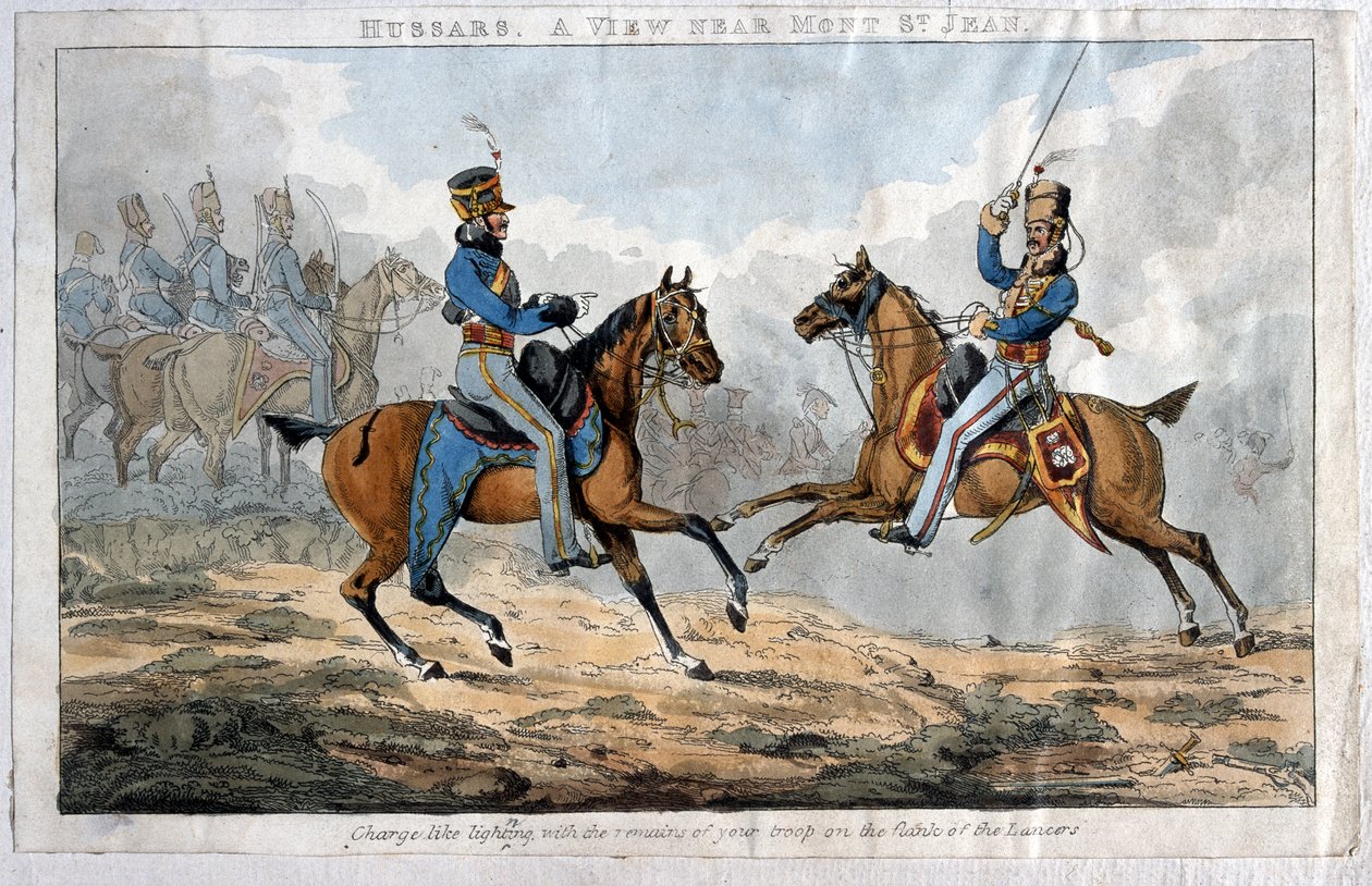 Hussardos, Uma vista perto de Mont St Jean (aquatint colorido) de English School