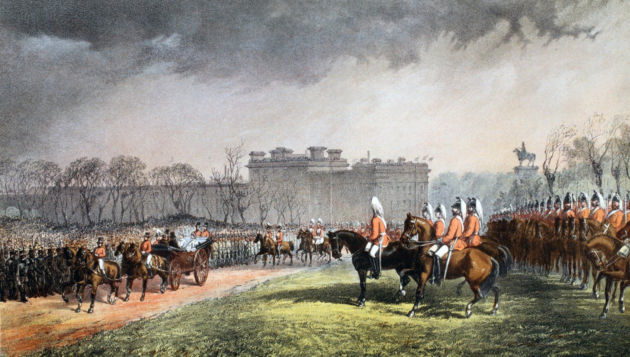 Hyde Park - A Princesa passando as linhas dos voluntários, 7 de março de 1863, de Um Memorial do Casamento de Eduardo VII e Alexandra da Dinamarca, pub. 1864 de English School