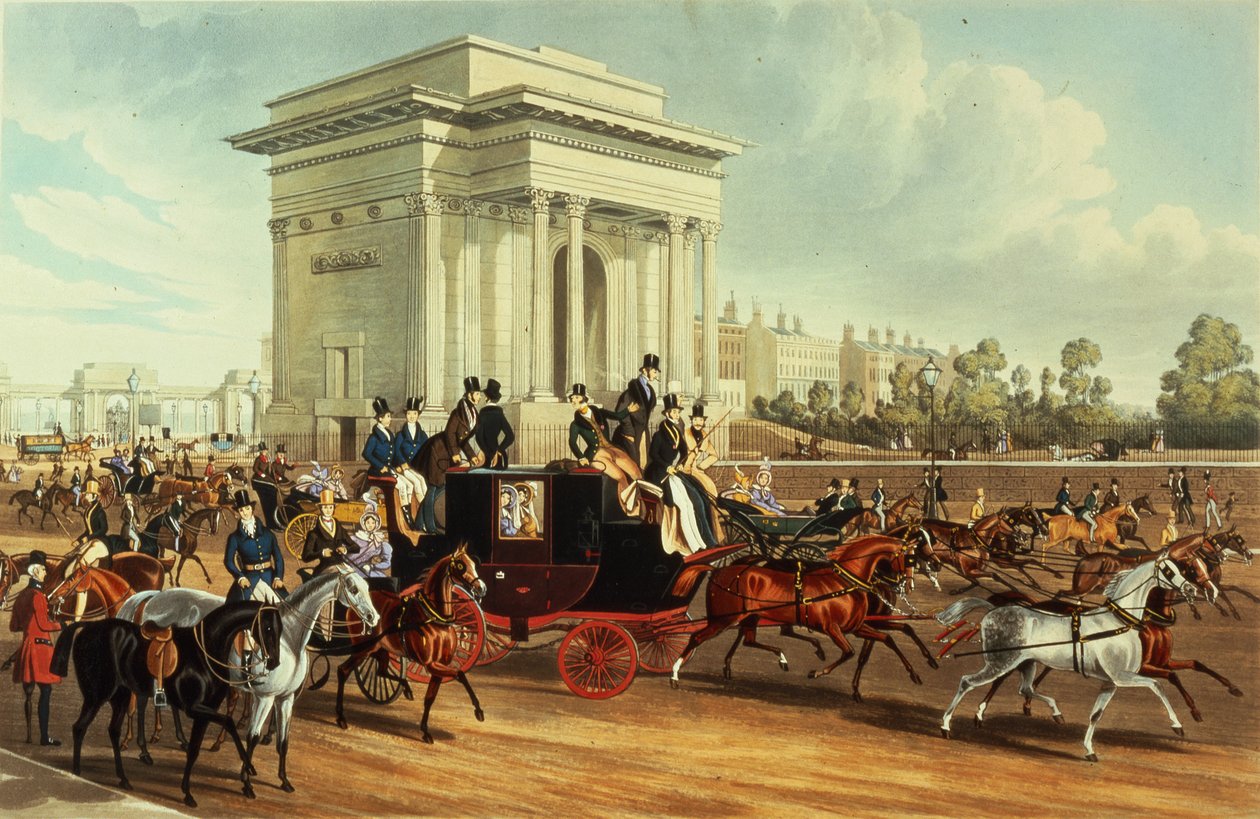 Hyde Park Corner, depois de James Pollard, publicado por Ackermann, 1836 (aquatint) de English School