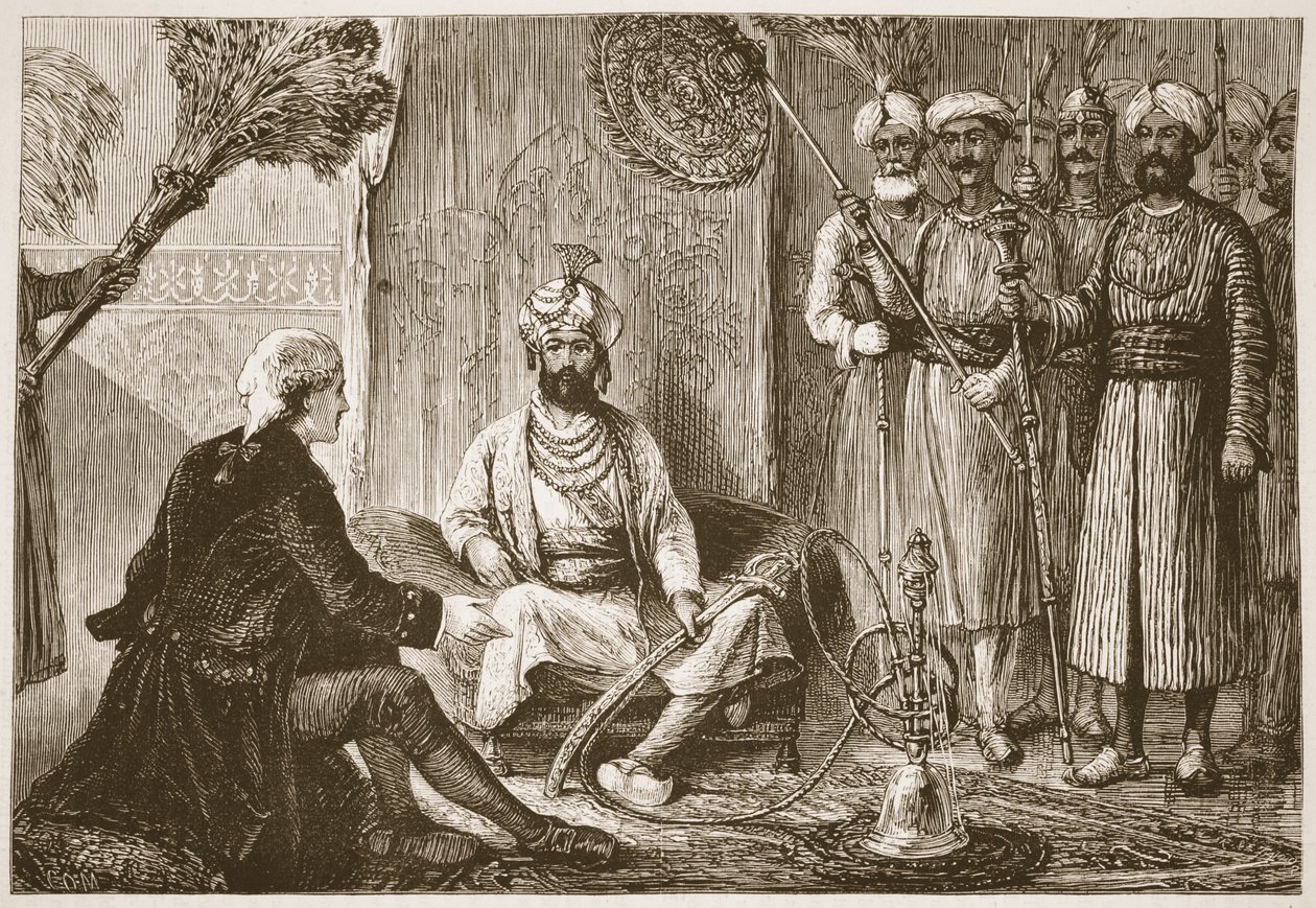 Hyder Ali e o missionário, ilustração da história ilustrada de Cassells da Índia por James Grant, bar. 1879 de English School