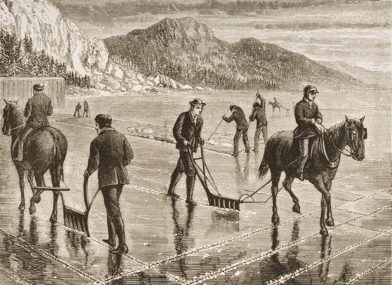 Colheita de Gelo no Rio Hudson, Estado de Nova York, c.1870, de &39;American Pictures&39;, publicado pela The Religious Tract Society, 1876 de English School