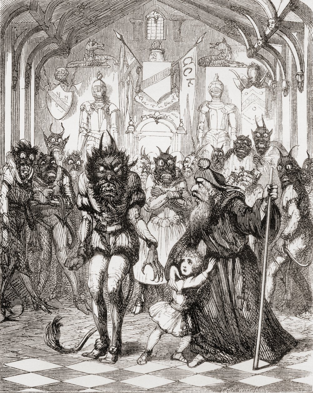 Ilustração depois de George Cruikshank para o poema "The Lay of St. Cuthbert", de "The Ingoldsby Legends ou Mirth and Marvels", de Thomas Ingoldsby, publicado em 1865 de English School