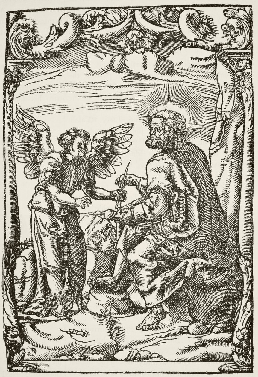 Ilustração do início da primeira tradução inglesa de Tyndales do Novo Testamento, publicada em Colónia em 1525, da National and Domestic History of England por William Hickman Smith Aub de English School
