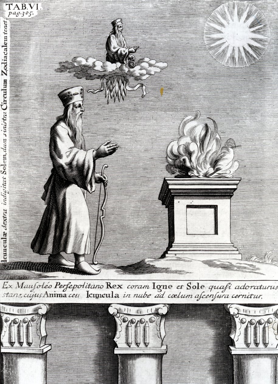 Ilustração de Zoroaster adorando fogo e o sol, 1697 de English School