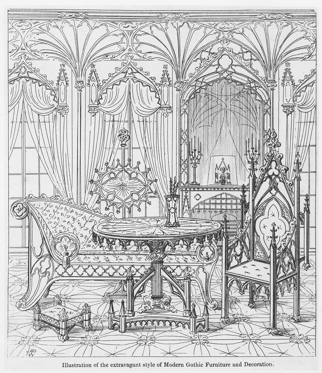Ilustração do estilo extravagante de mobiliário gótico moderno e decoração, de verdadeiros princípios de apontado de arquitetura cristã, por Augustus Welby Pugin (1812-52) de English School