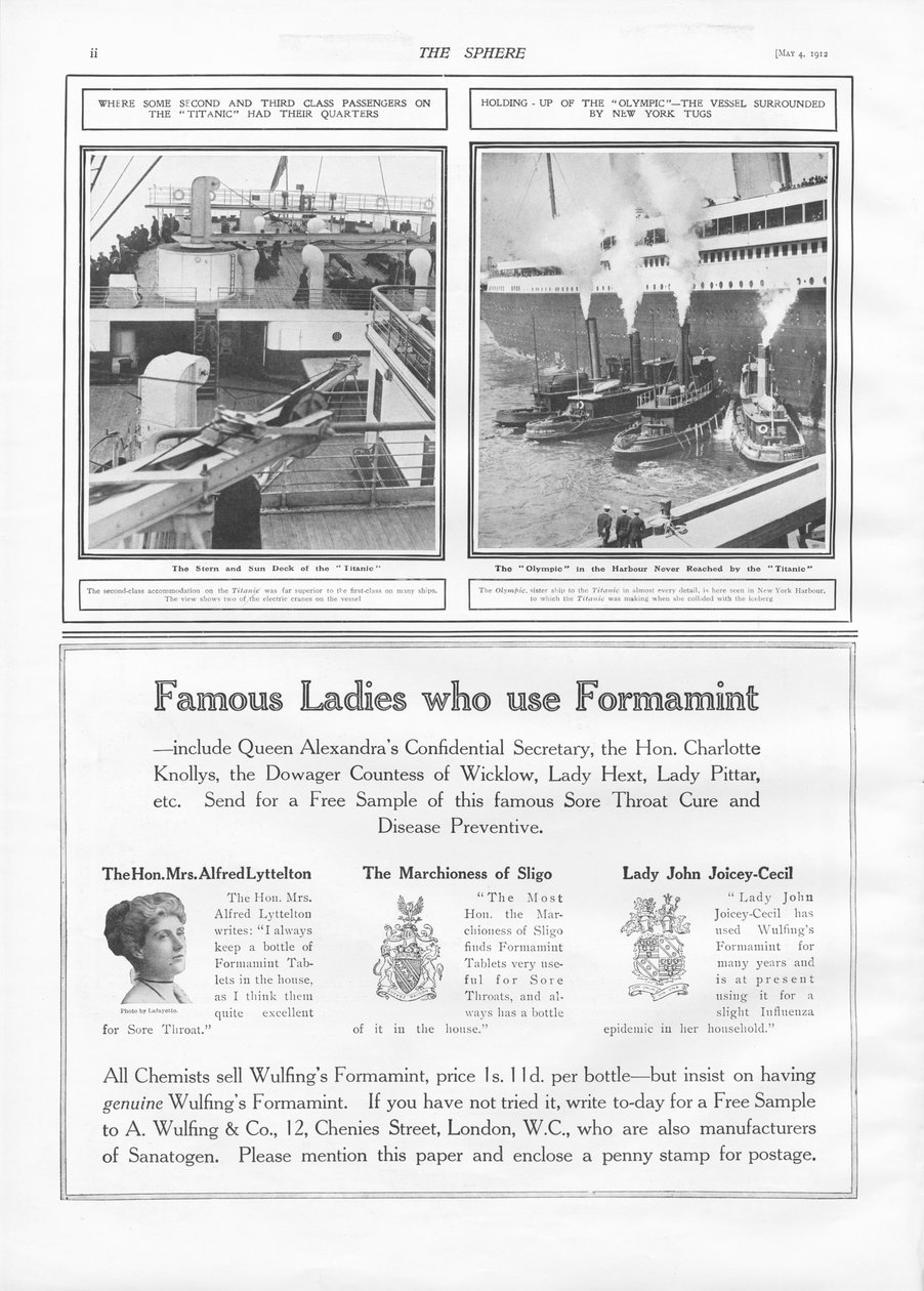 Ilustrações do Titanic e do Olympic, de The Sphere, 04 de maio de 1912 de English School