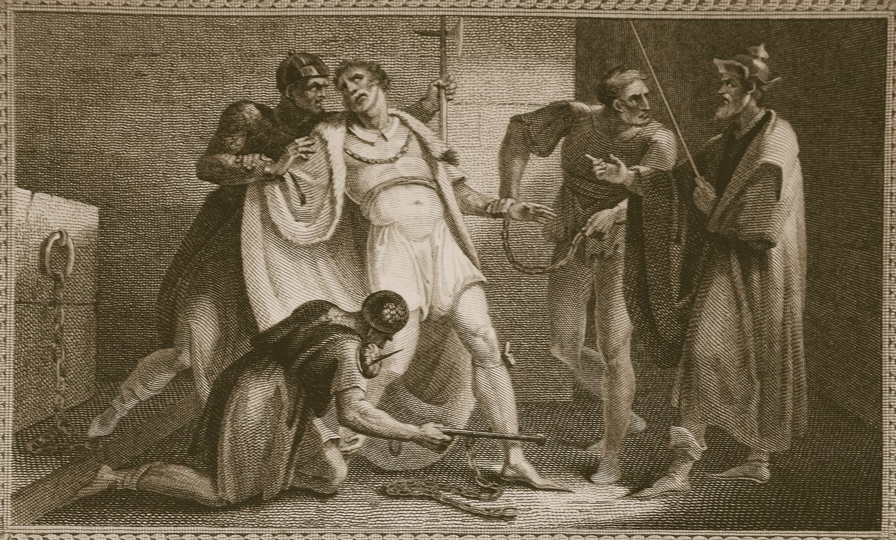 Prisão de Stephen, ilustração de David Humes A História da Inglaterra, pub. por R. Bowyer, Londres, 1812 de English School