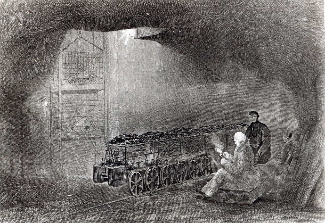 Na mina de carvão, ilustração de "Uma história do carvão, coque, campos de carvão e fabricação de ferro no norte da Inglaterra" por W.Fordyce, publicado em 1860 de English School