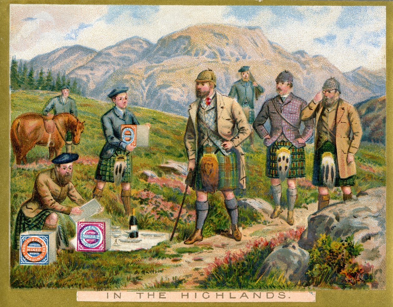 No Highlands, um cartão promocional para Huntley & Palmers Biscuits, c.1890 de English School