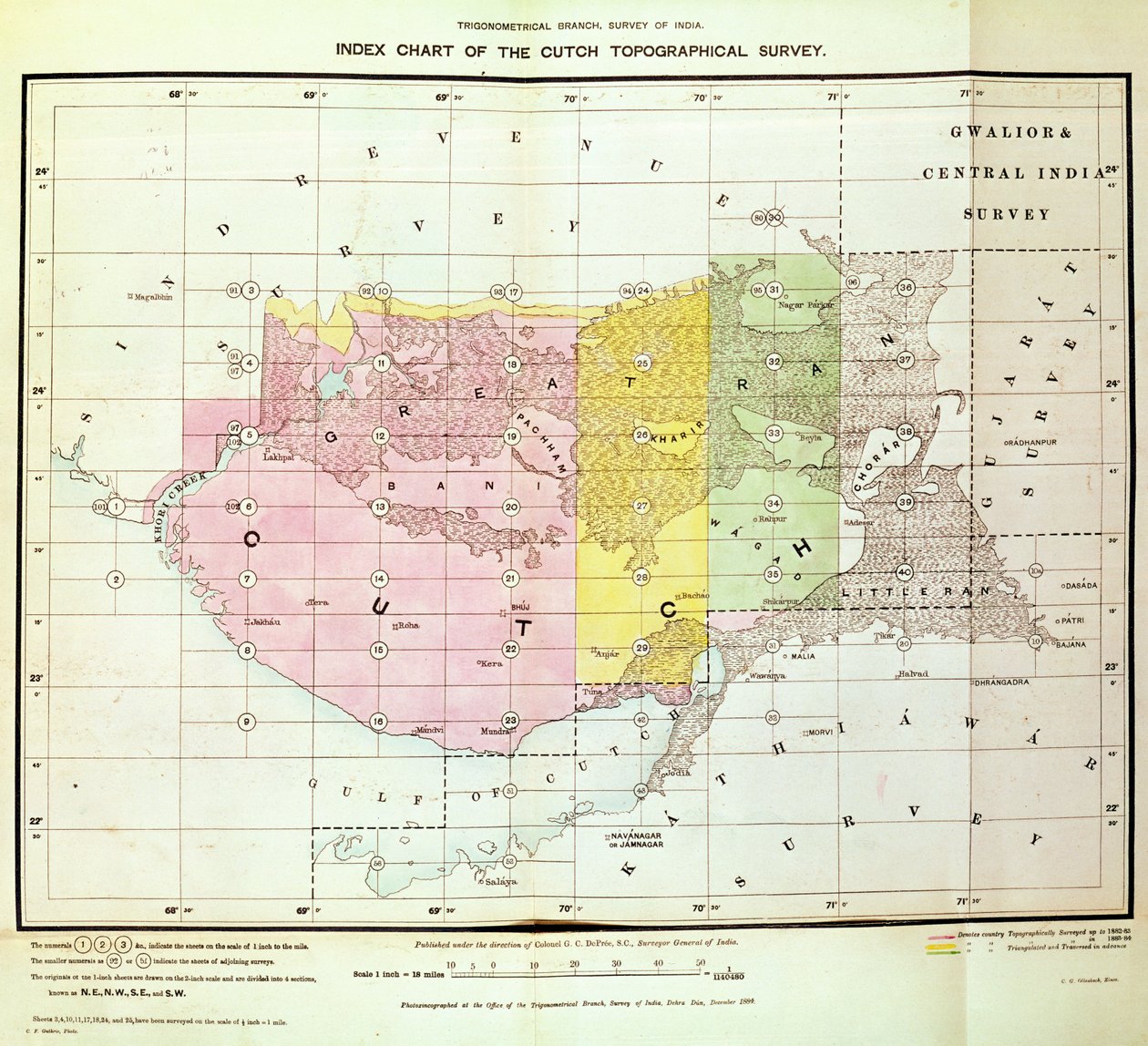 Tabela de índices do Levantamento Topográfico de Cutch pelo Ramo Trigonométrico, Pesquisa da Índia, Dehra Dun, novembro de 1884 de English School