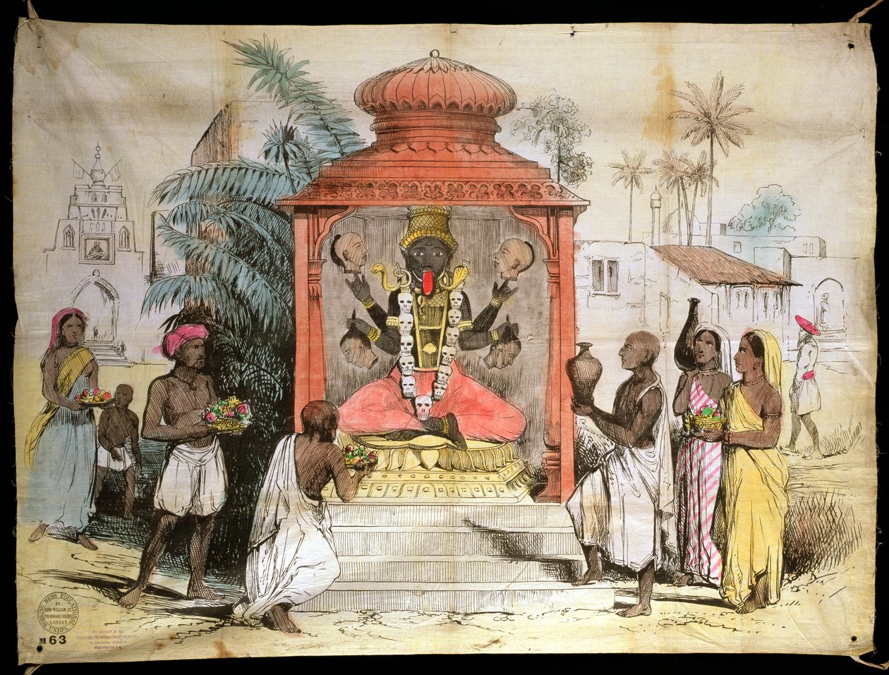 Índia, Figura e adoração de Kali, c.1850 (tinta e lava no pano) de English School